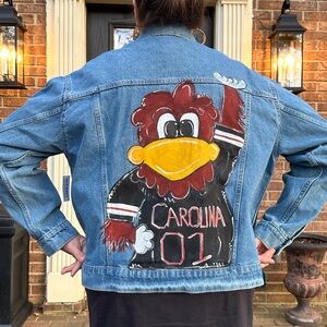 NWT Hand Painted Old Navy Denim Jacket SZ 2X Featuring SC Mascot Cocky! So Cute!